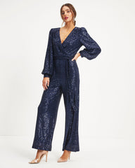 Whole New World Sequin Front Tie Jumpsuit - Navy  - SALE Oshnow