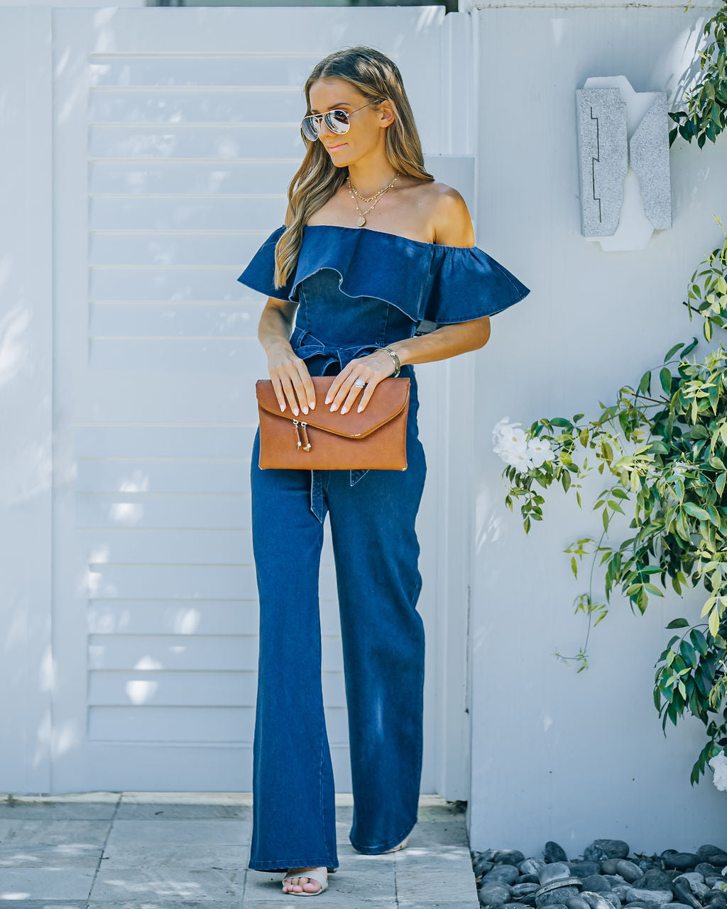 Wilinda Off The Shoulder Denim Jumpsuit - Indigo - SALE Oshnow