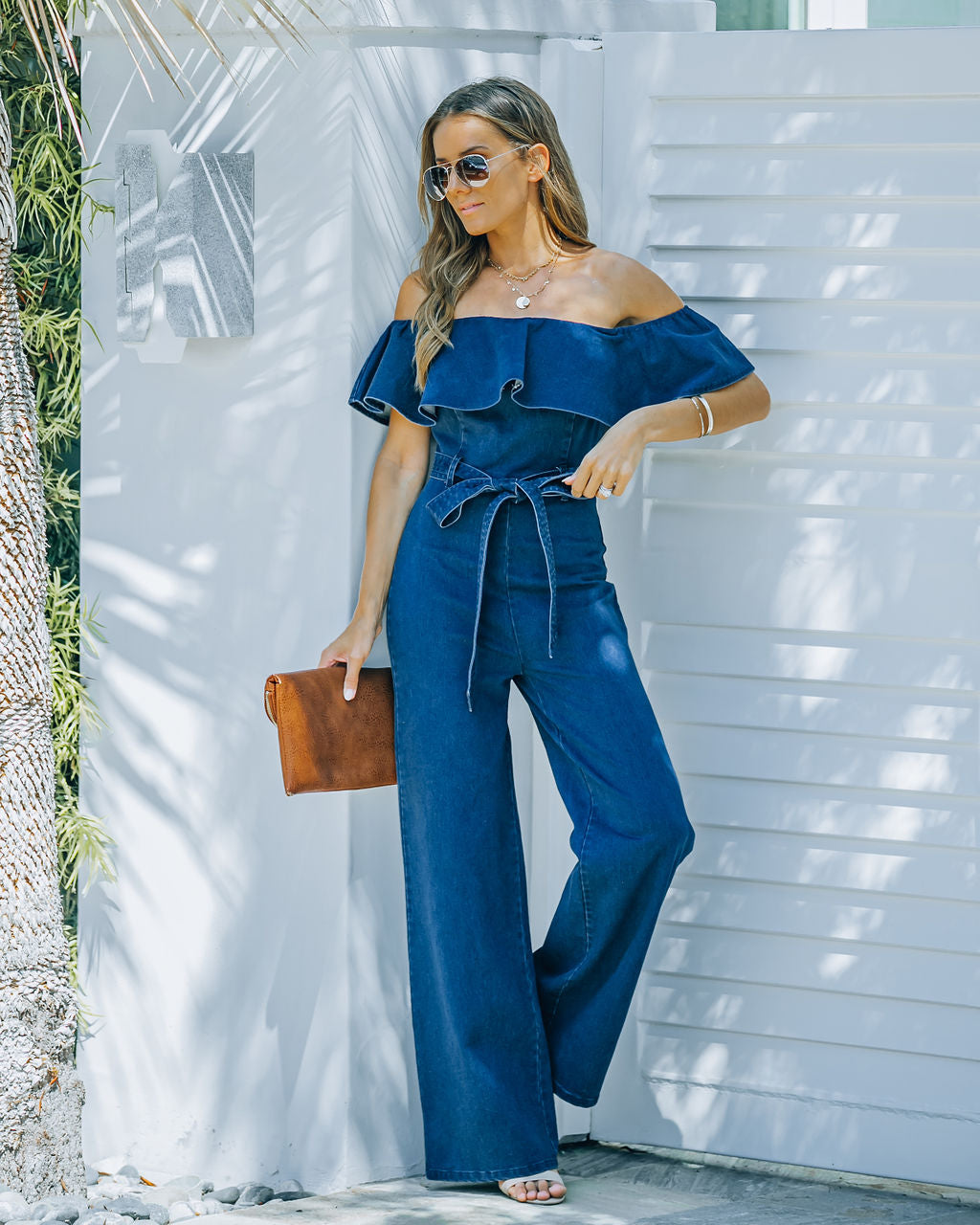 Wilinda Off The Shoulder Denim Jumpsuit - Indigo - SALE Oshnow