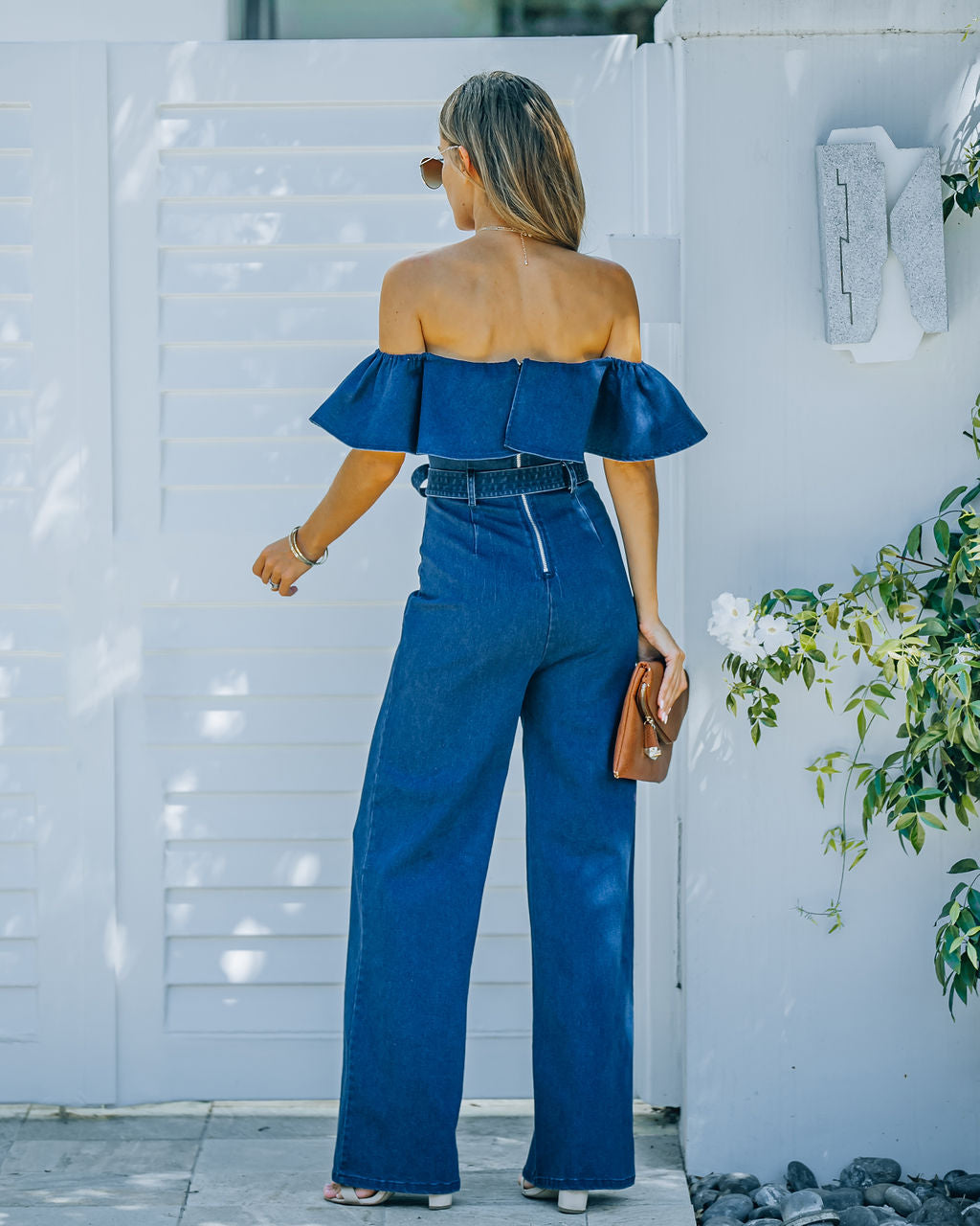 Wilinda Off The Shoulder Denim Jumpsuit - Indigo - SALE Oshnow