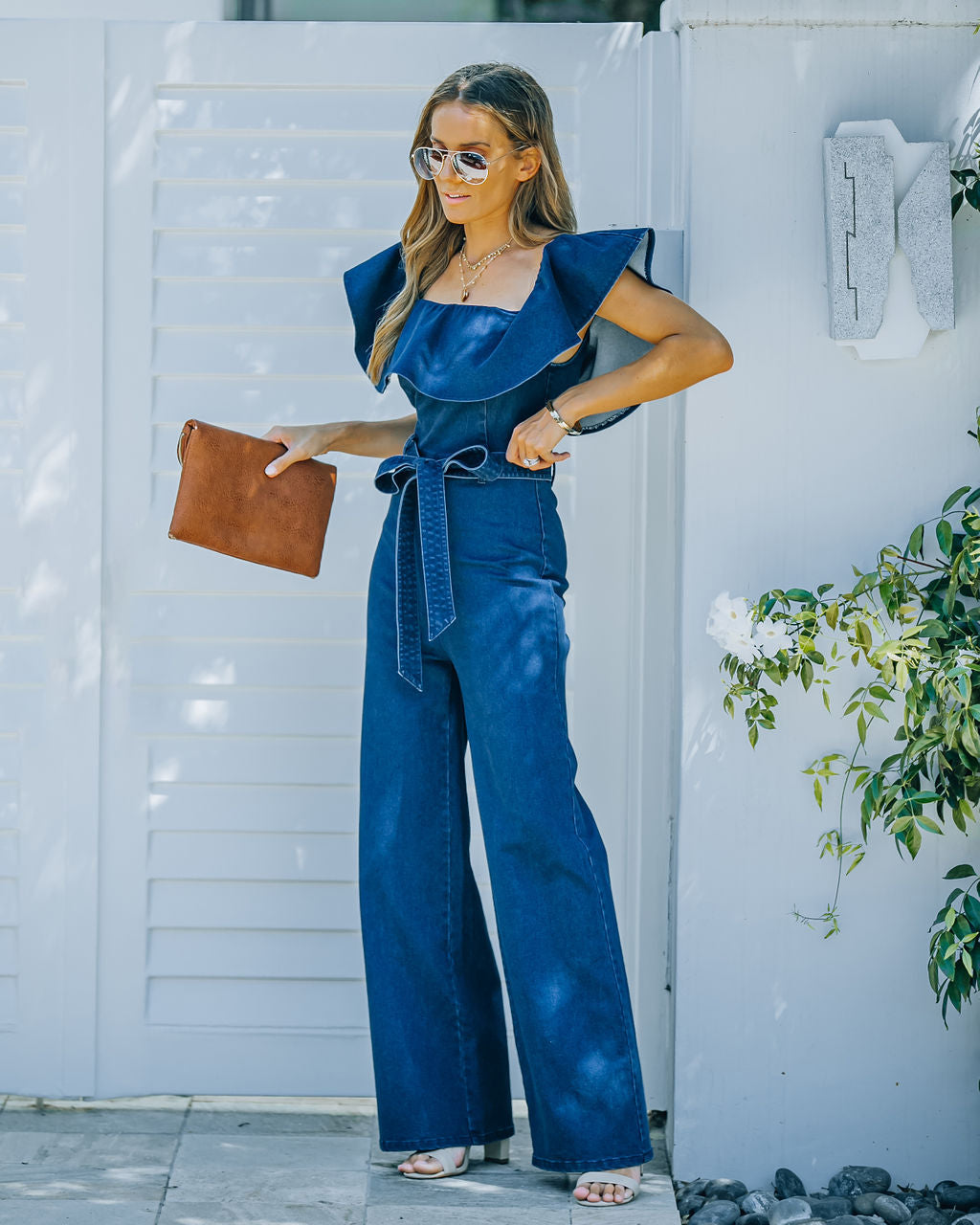 Wilinda Off The Shoulder Denim Jumpsuit - Indigo - SALE Oshnow