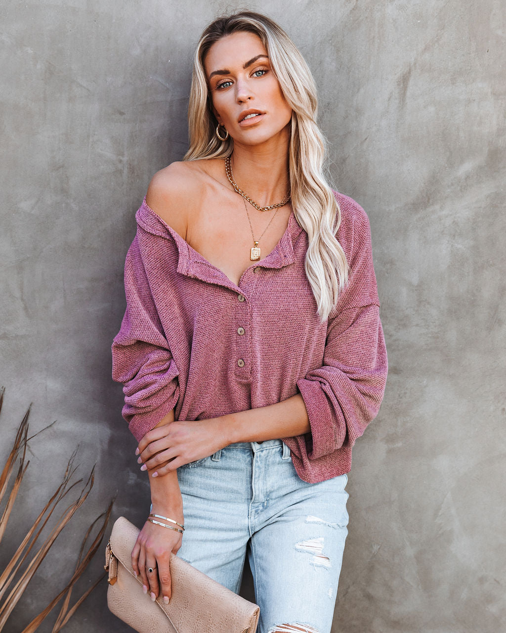 Windswept Relaxed Knit Henley Top - Mauve Oshnow