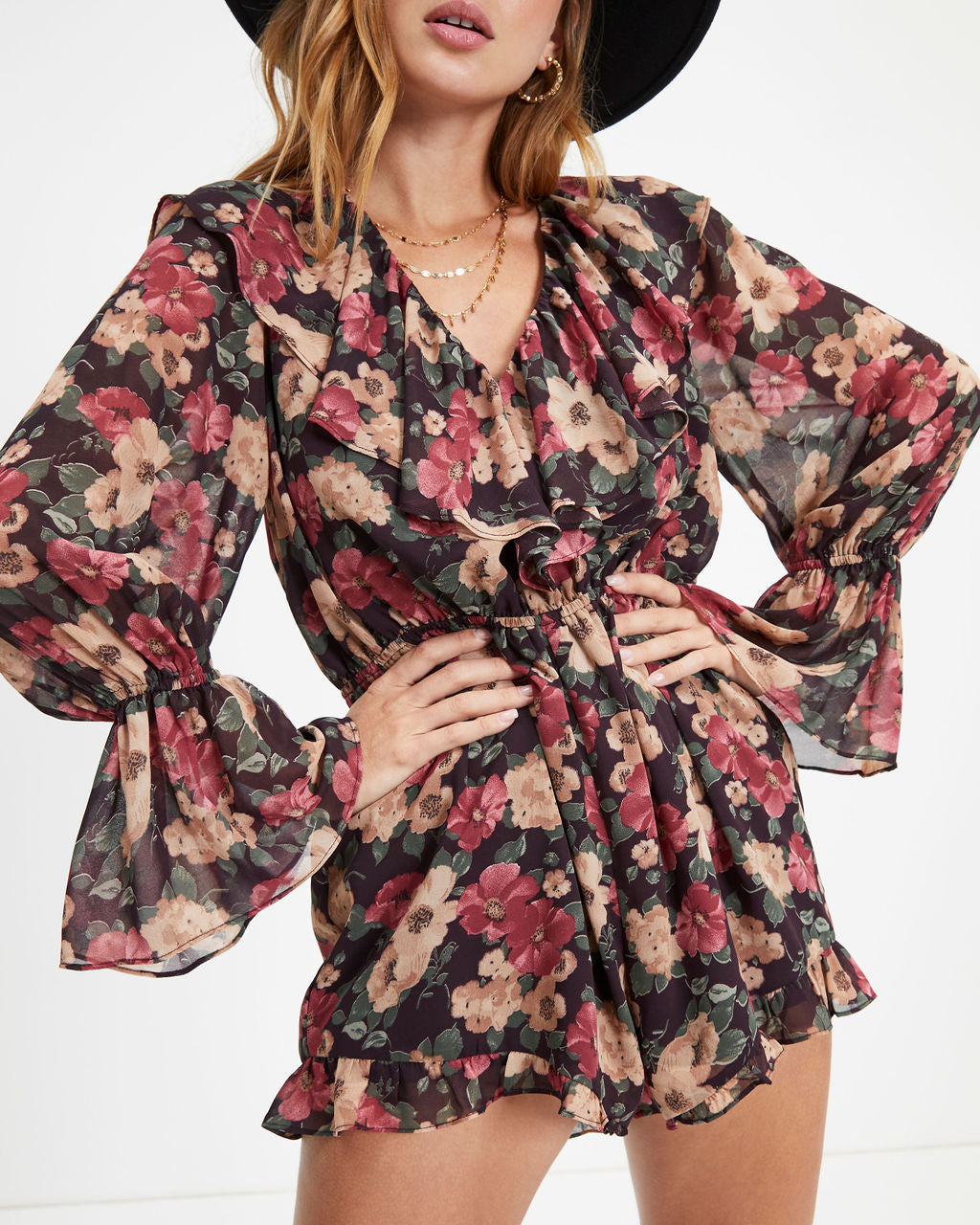 Wine Country Dates Floral Chiffon Romper Oshnow