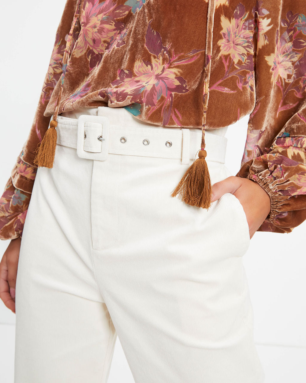 Winner Takes It All Pocketed Belted Corduroy Pants - Ivory Oshnow