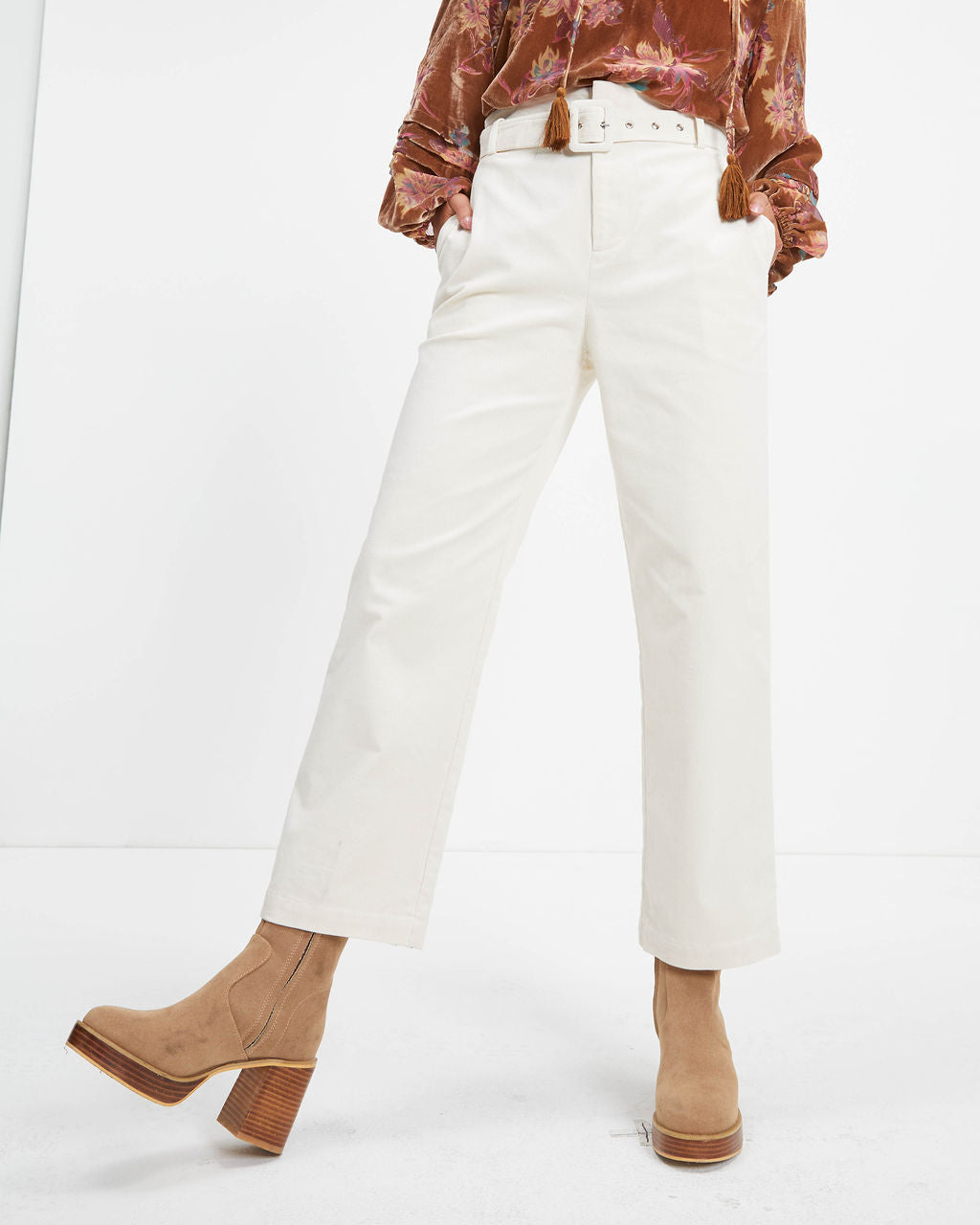 Winner Takes It All Pocketed Belted Corduroy Pants - Ivory Oshnow