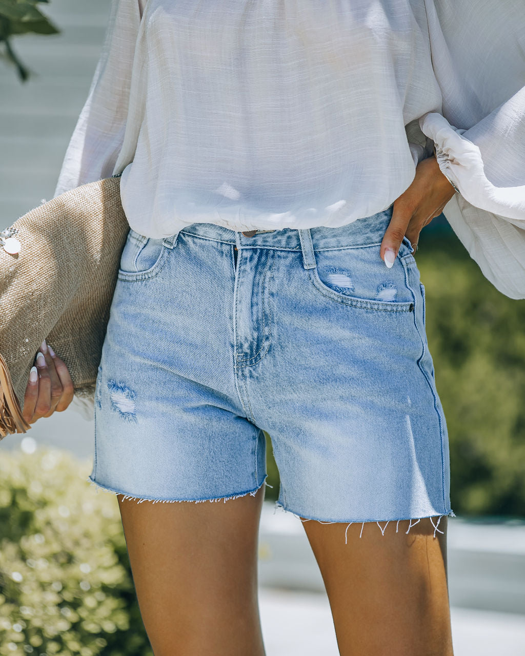 Winnie High Rise Distressed Denim Shorts Oshnow