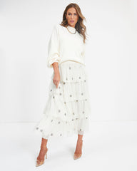 Wish Upon A Star Tiered Tulle Midi Skirt - Cream Oshnow