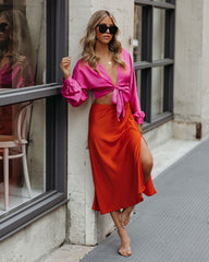 Wishful Satin Slit Midi Skirt - Orange Oshnow