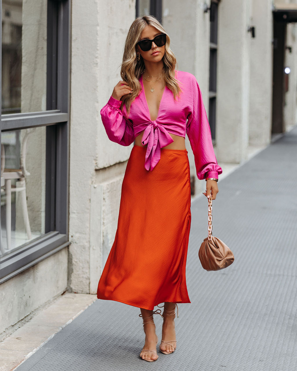 Wishful Satin Slit Midi Skirt - Orange Oshnow