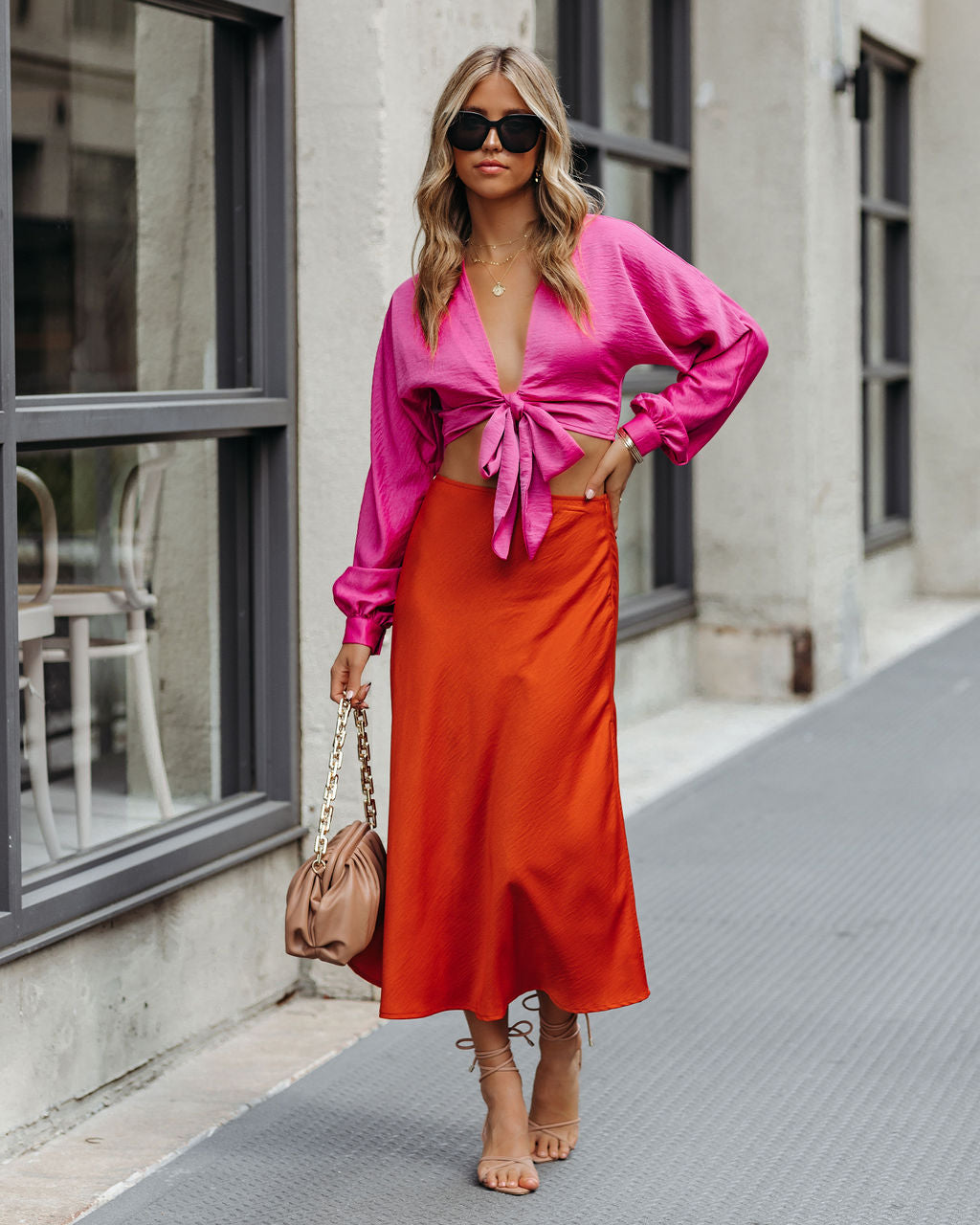 Wishful Satin Slit Midi Skirt - Orange Oshnow