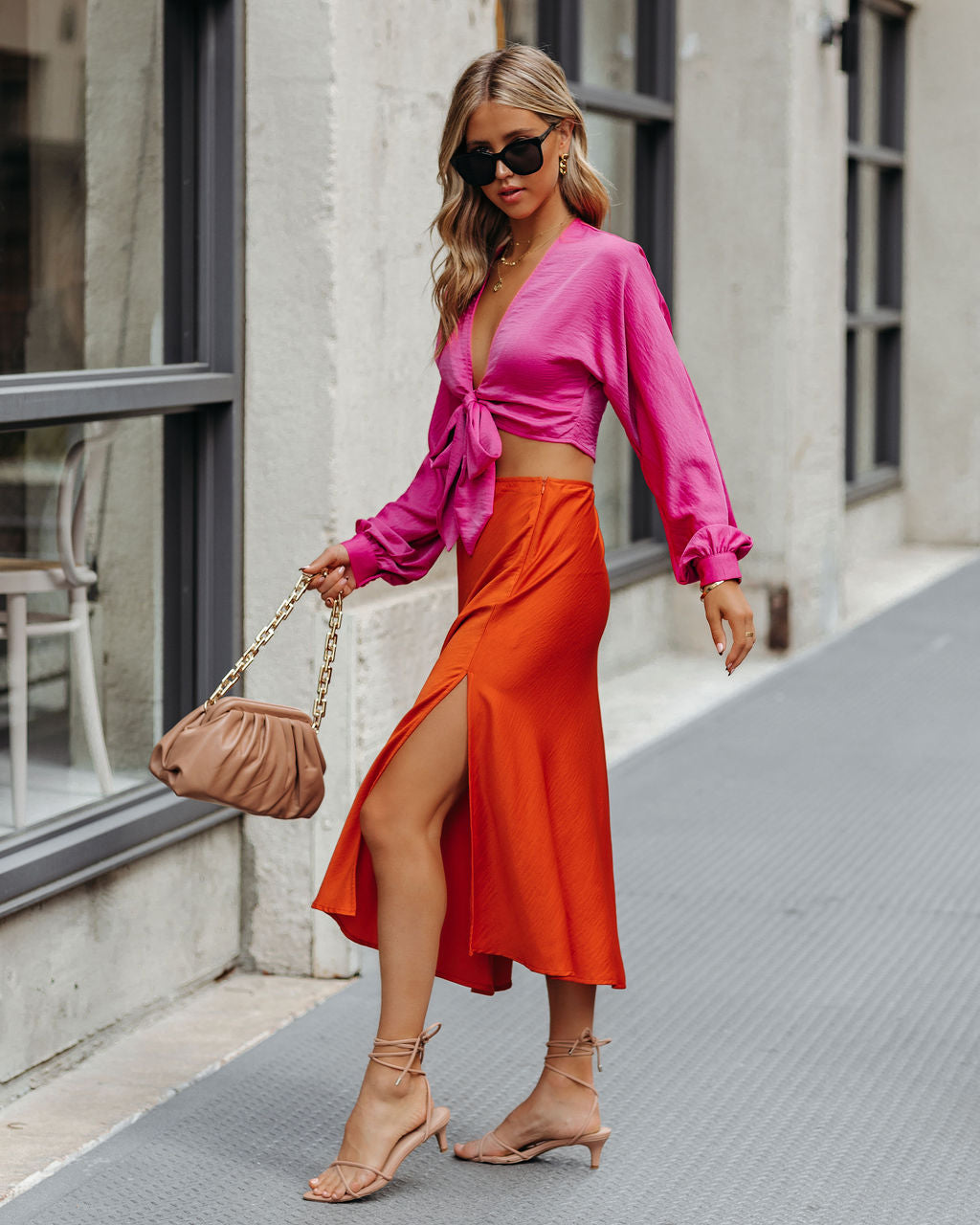 Wishful Satin Slit Midi Skirt - Orange Oshnow