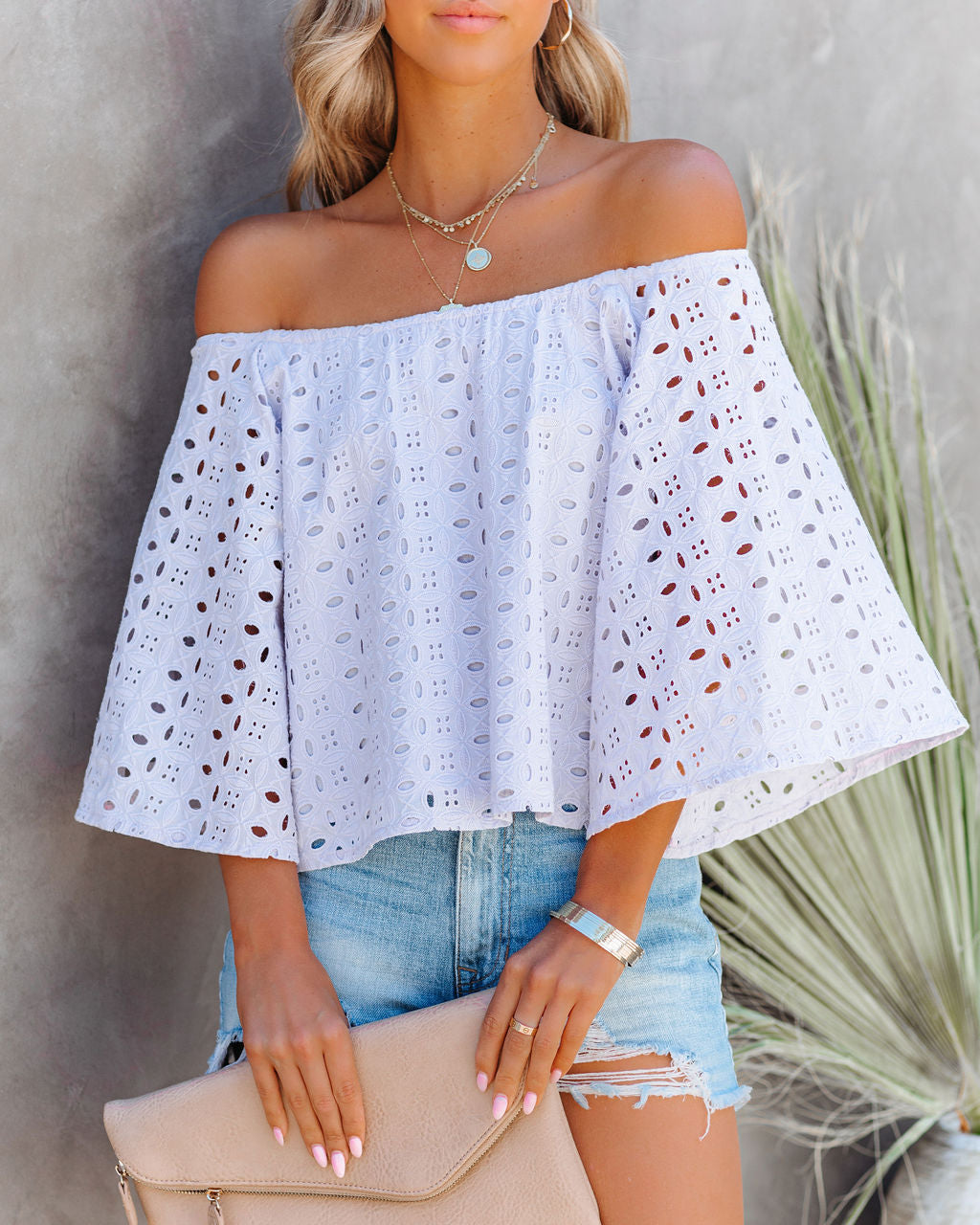 Withdrawn Cotton Eyelet Off The Shoulder Top - Lilac Oshnow