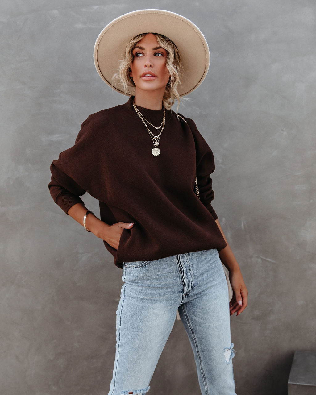 Woah Pocketed Cotton Blend Mock Neck Sweatshirt - Brown Oshnow