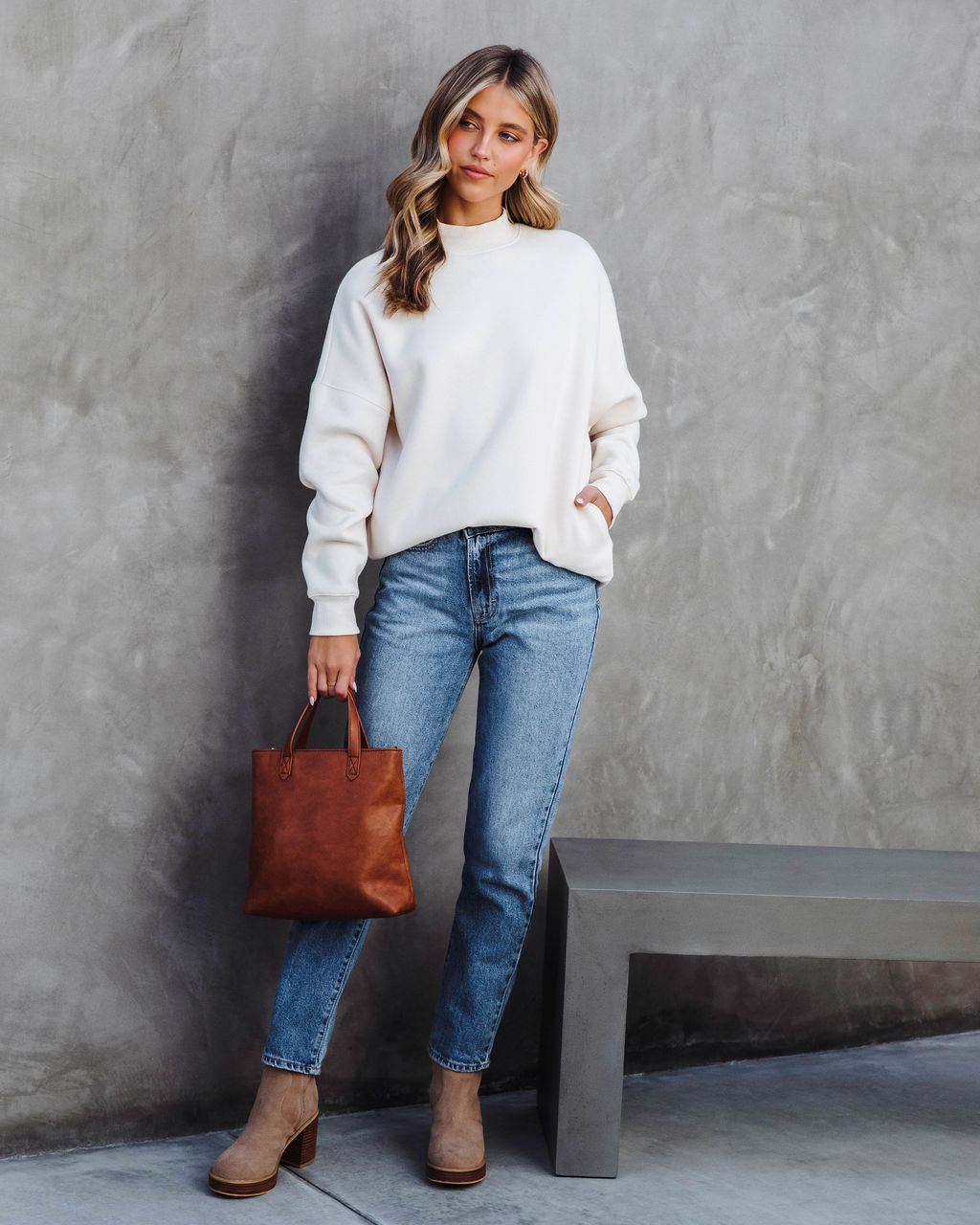 Woah Pocketed Cotton Blend Mock Neck Sweatshirt - Cream Oshnow