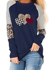 Women Valentine Leopard Print Stripe Spliced Top Oshnow