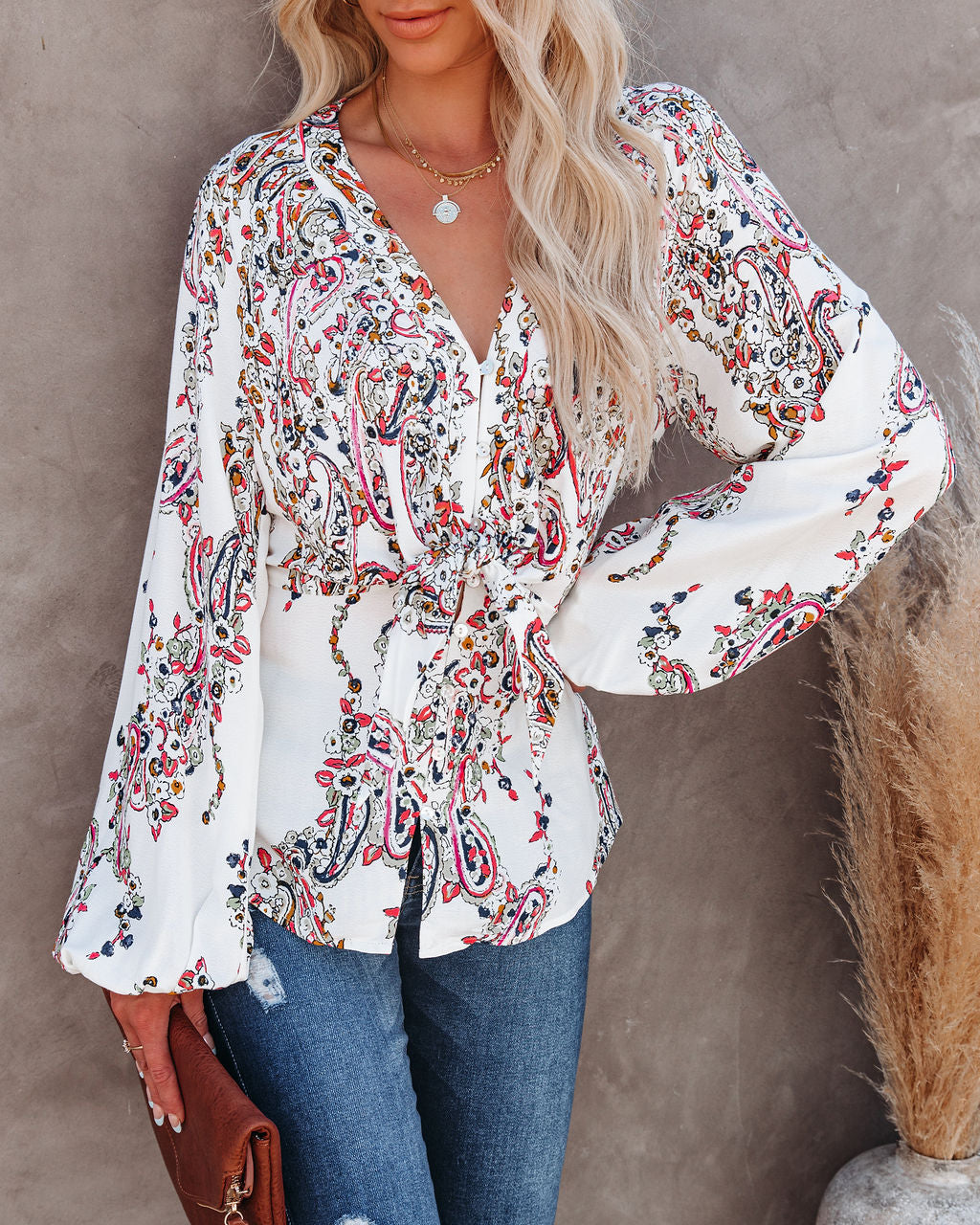 Wrapped Blossoms Button Down Tie Blouse Oshnow