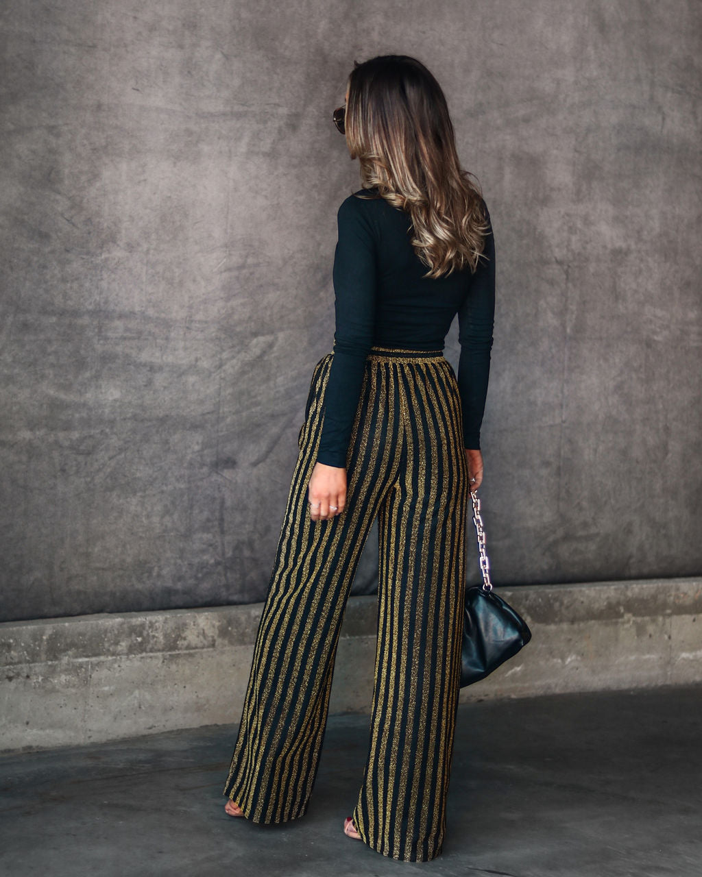 Wynona Pocketed Stripe Metallic Pants - Black/Gold - SALE Oshnow