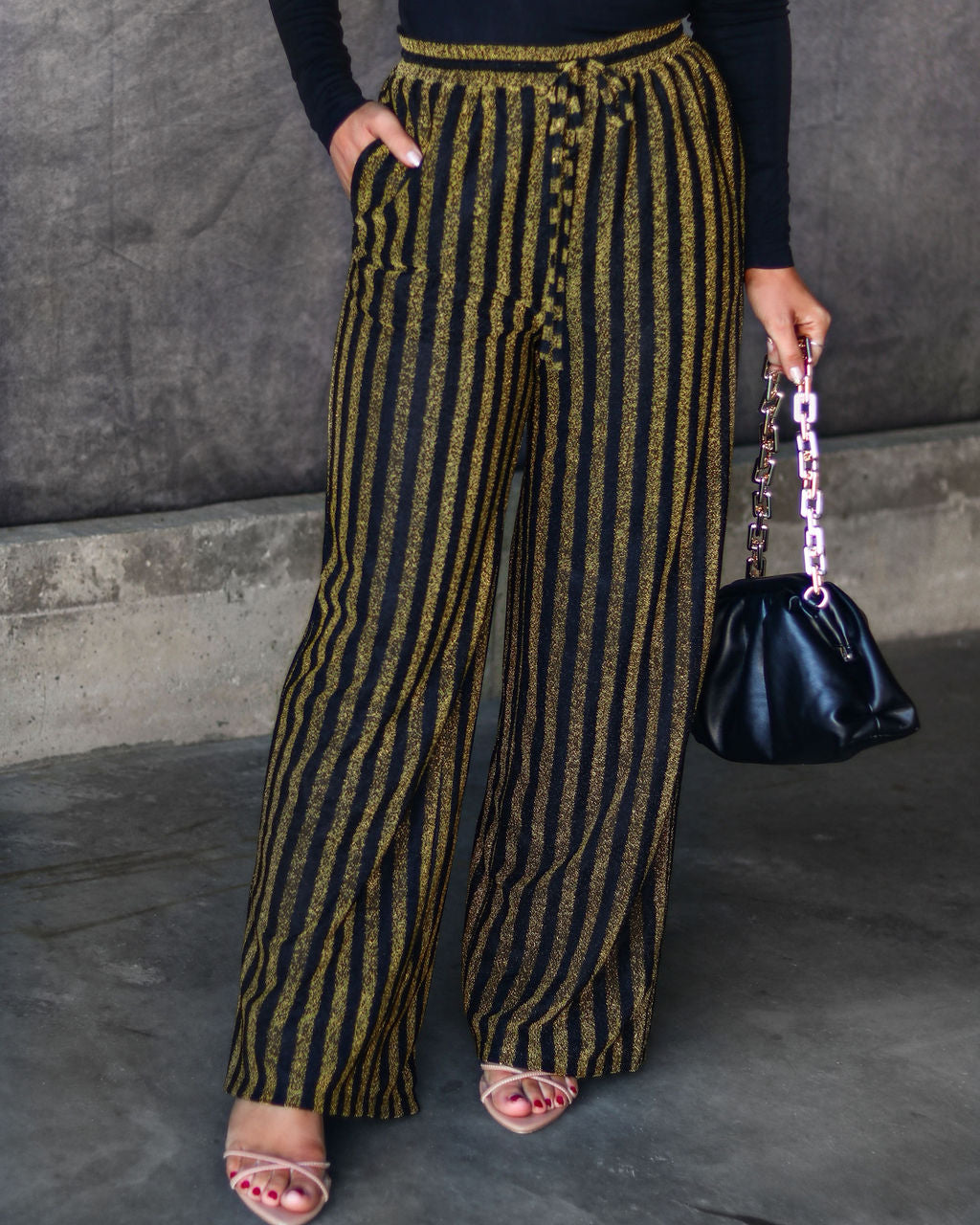 Wynona Pocketed Stripe Metallic Pants - Black/Gold - SALE Oshnow