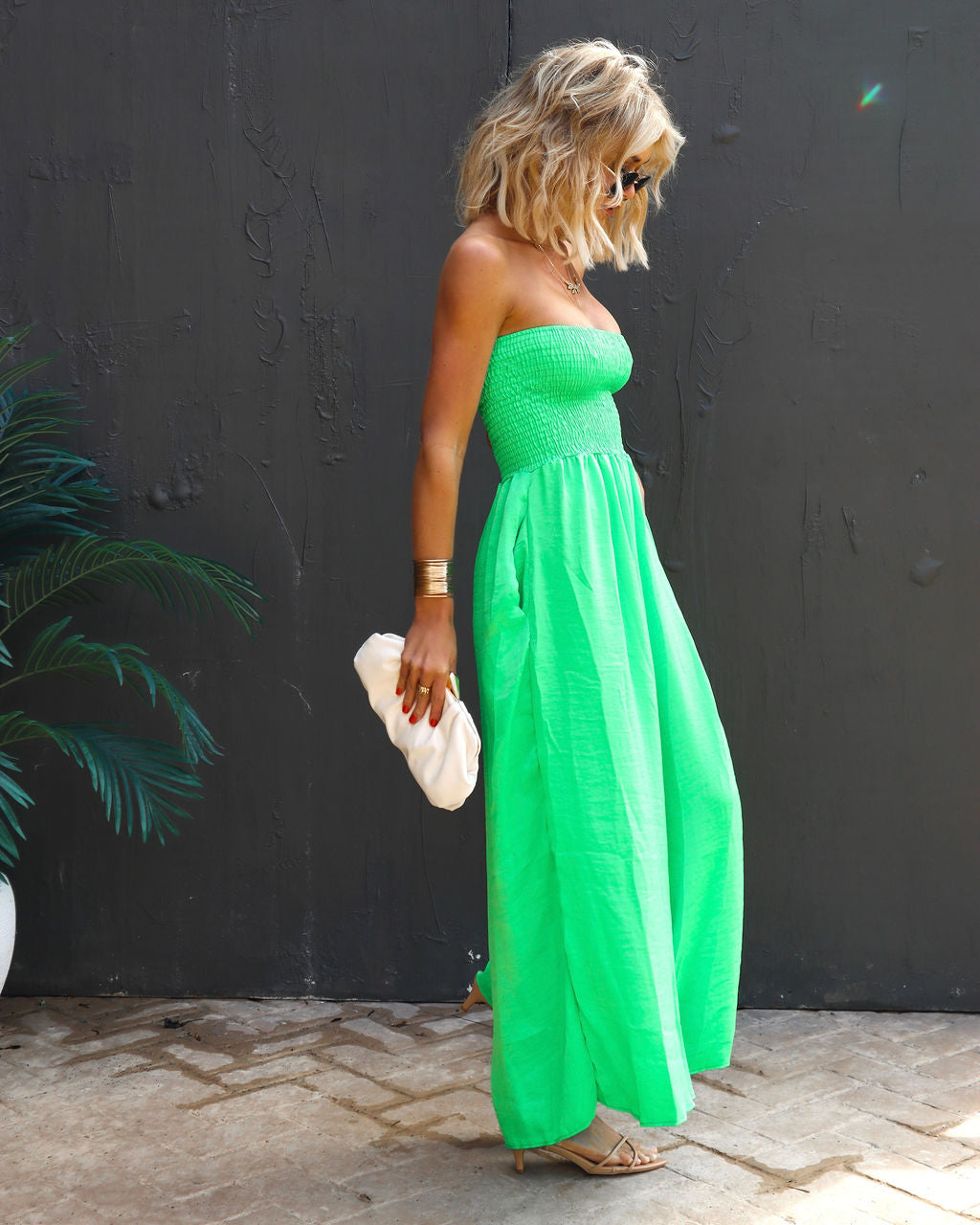 Wynwood Smocked Strapless Pocketed Jumpsuit - Green Oshnow