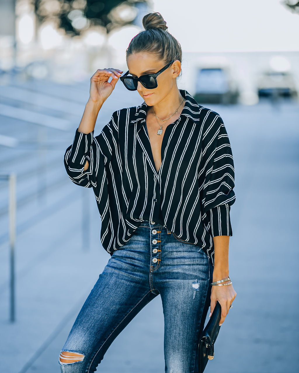 Xara Striped Button Down Blouse - Black Oshnow