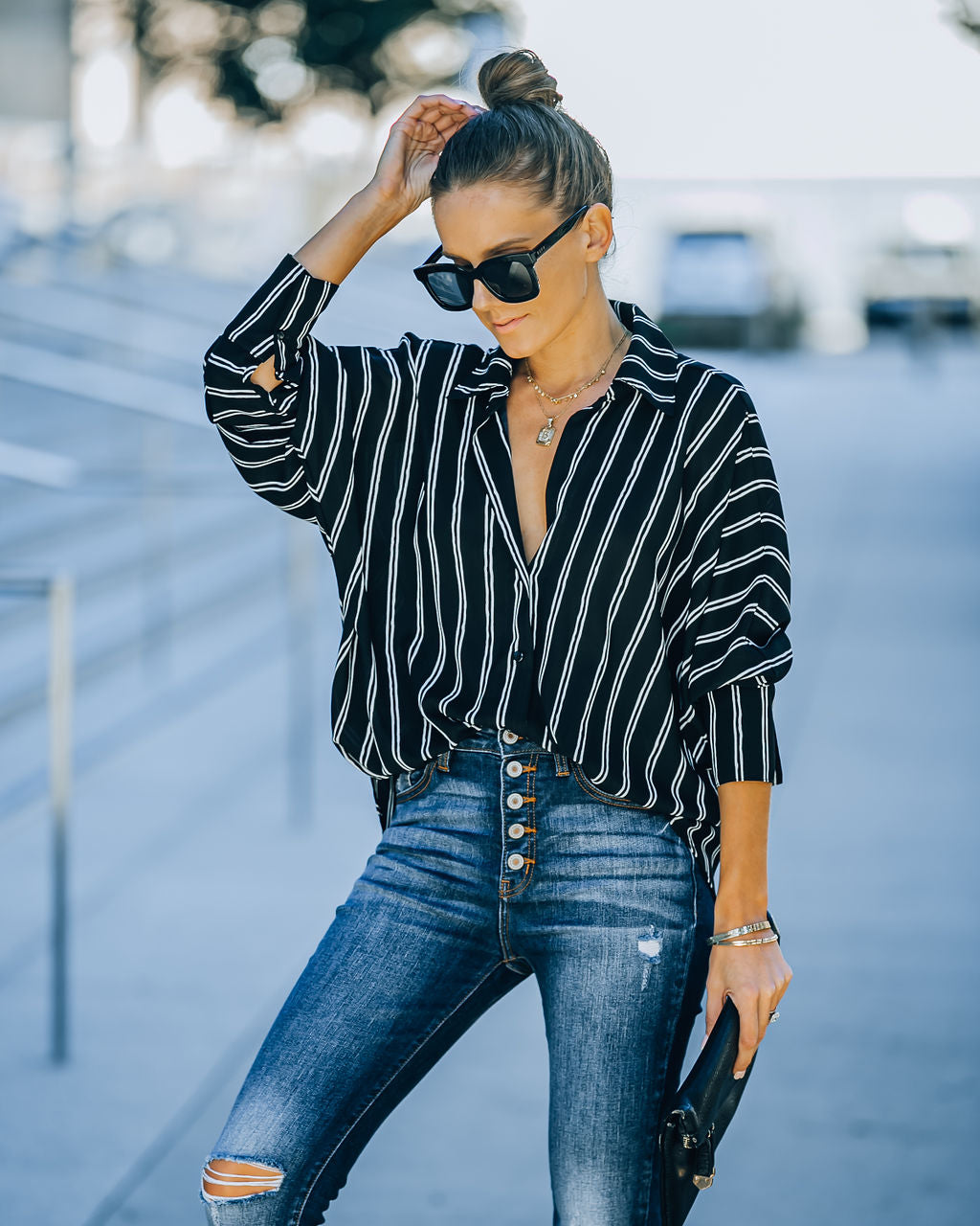 Xara Striped Button Down Blouse - Black Oshnow