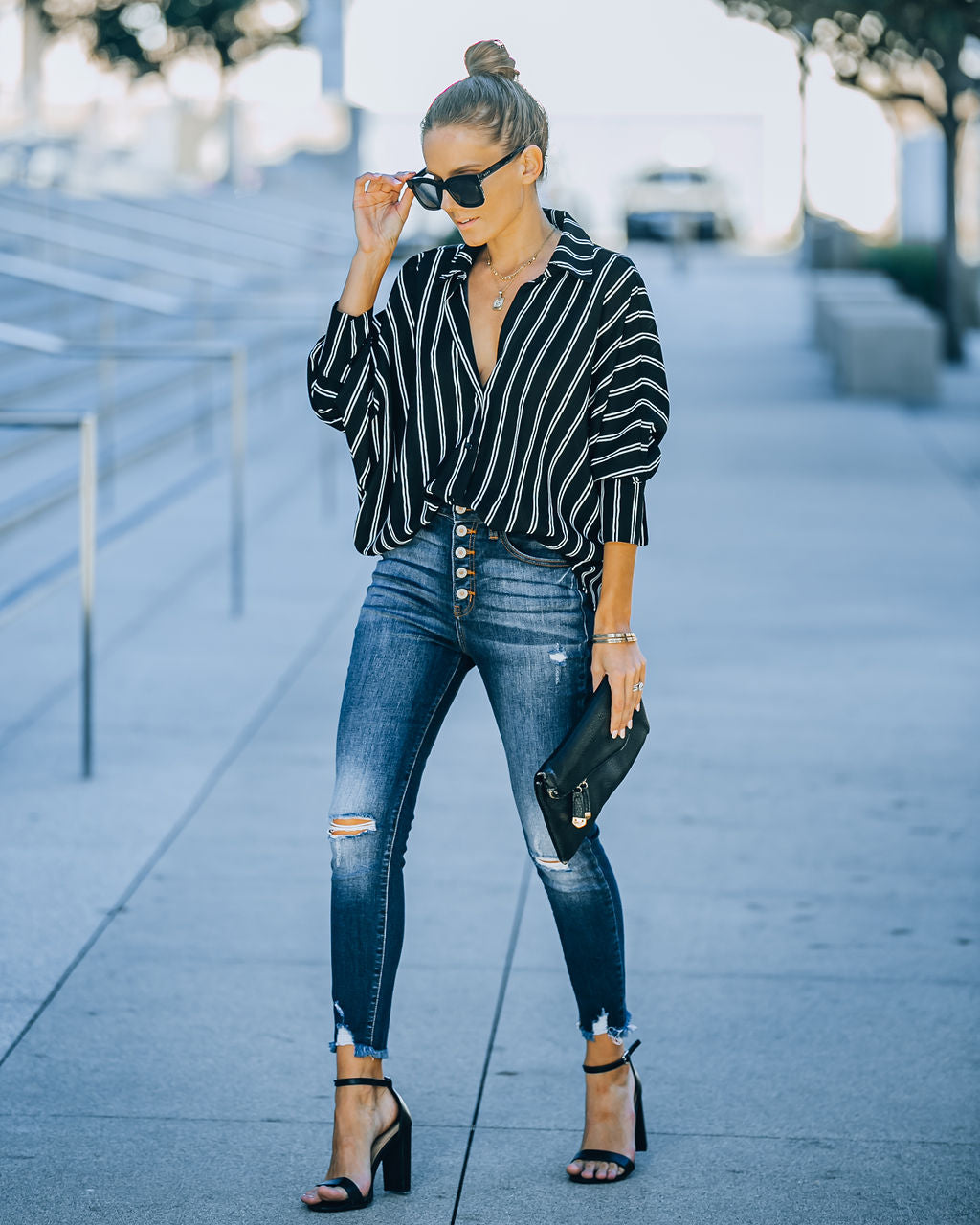 Xara Striped Button Down Blouse - Black Oshnow