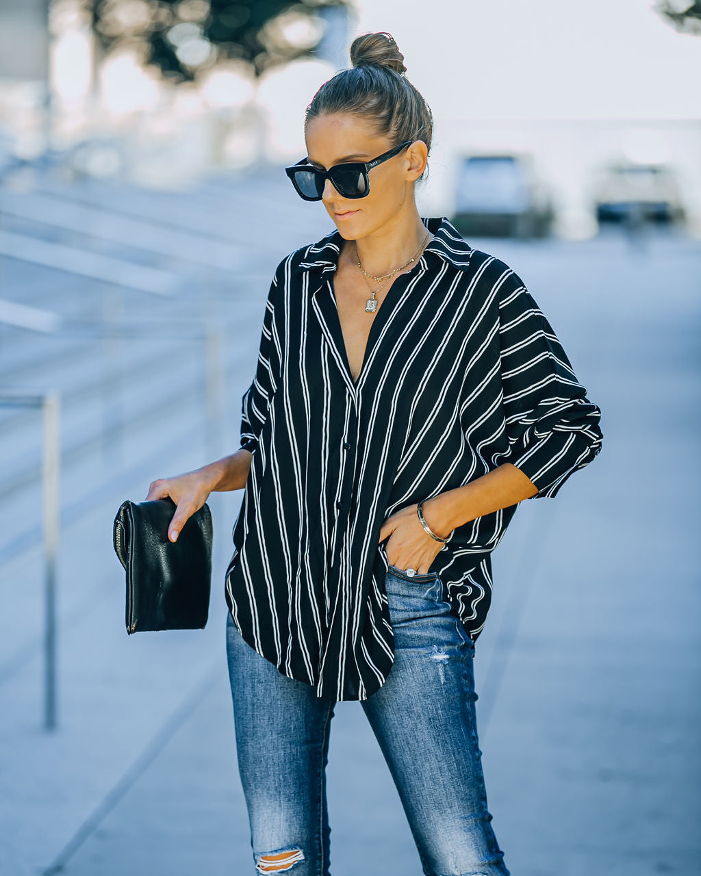 Xara Striped Button Down Blouse - Black Oshnow