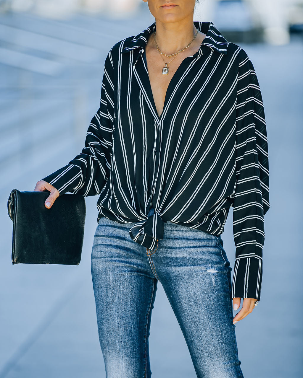 Xara Striped Button Down Blouse - Black Oshnow