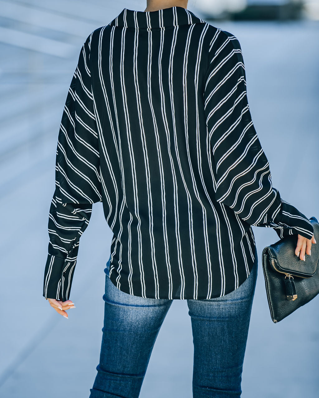 Xara Striped Button Down Blouse - Black Oshnow