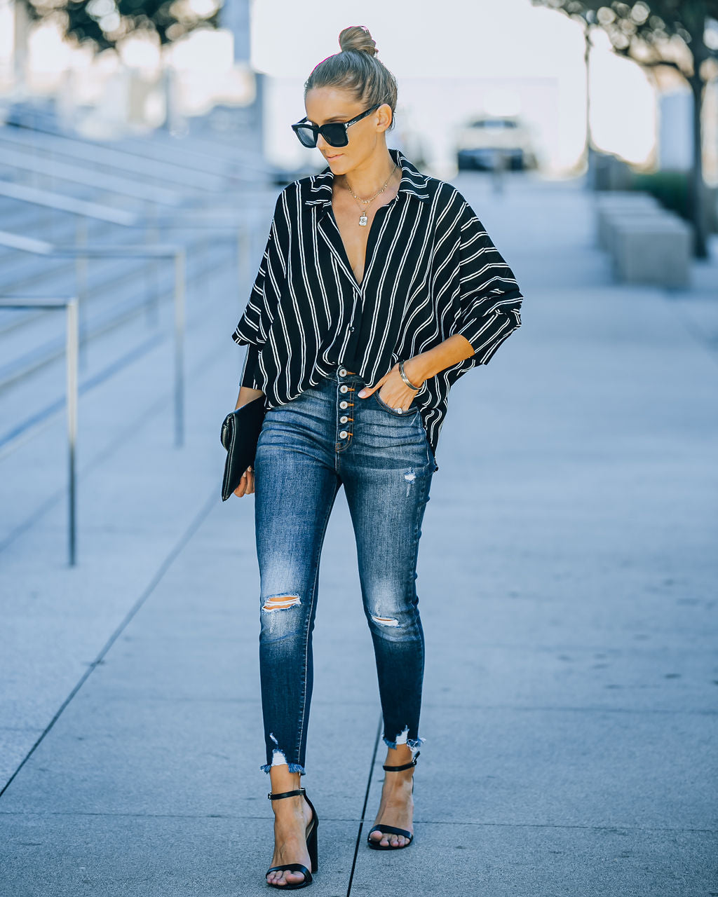 Xara Striped Button Down Blouse - Black Oshnow