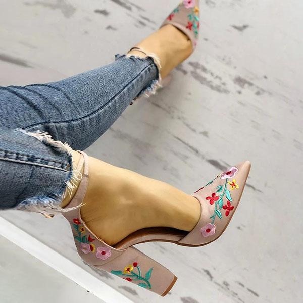 Floral Embroidered Pointed Toe Chunky Heeled Sandals