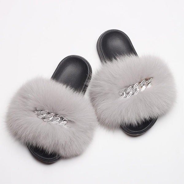 Fur Fluffy Flip Flops Diamond Chain Slippers