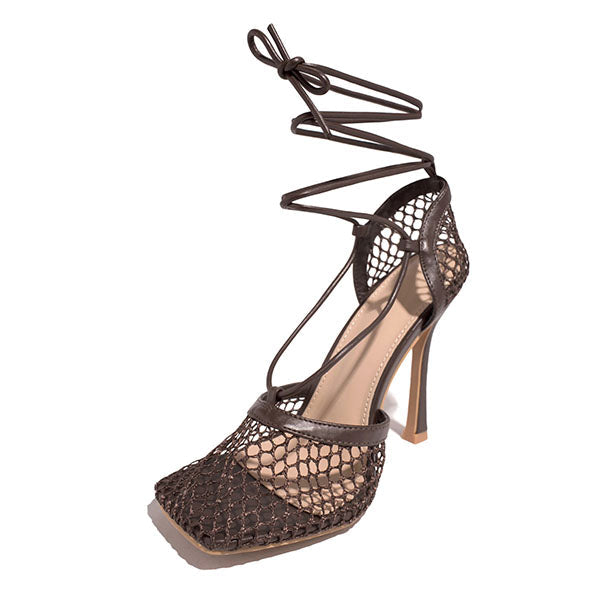 Fishnet Squared Toe Lace Up Heels