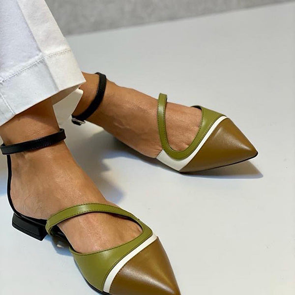 Mix Color Pointed Toe Buckle Flats