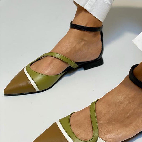 Mix Color Pointed Toe Buckle Flats