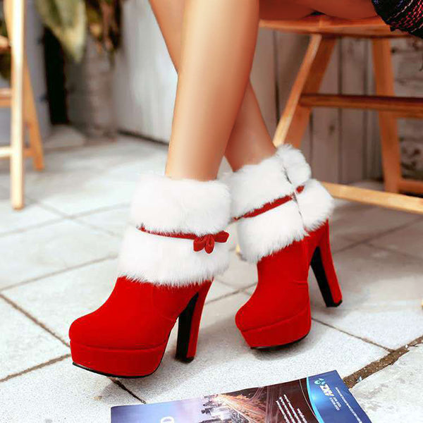 Christmas High-Heeled Bow Side Zipper Boots