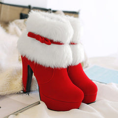 Christmas High-Heeled Bow Side Zipper Boots