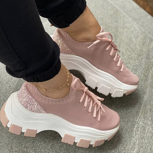 Knit Colorblock Wedge Lace-Up Sneakers