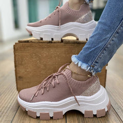 Knit Colorblock Wedge Lace-Up Sneakers