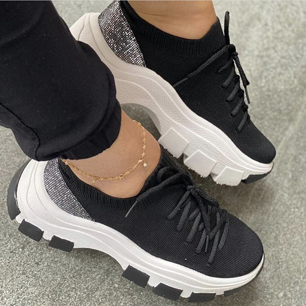 Knit Colorblock Wedge Lace-Up Sneakers