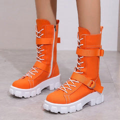 Canvas High-Top Platform Lace-Up Motorcycle Boots