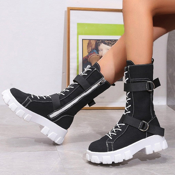 Canvas High-Top Platform Lace-Up Motorcycle Boots