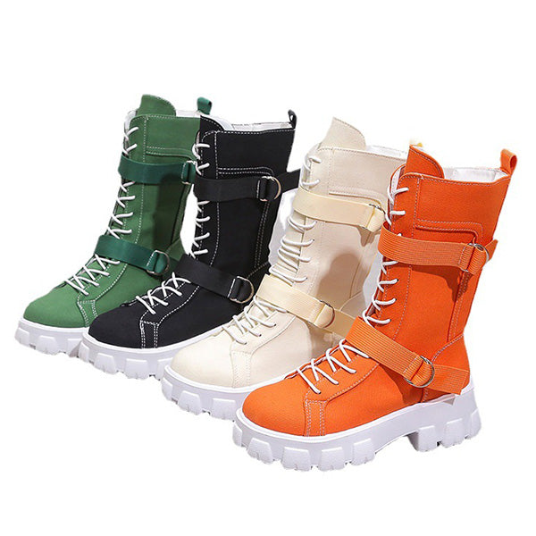 Canvas High-Top Platform Lace-Up Motorcycle Boots