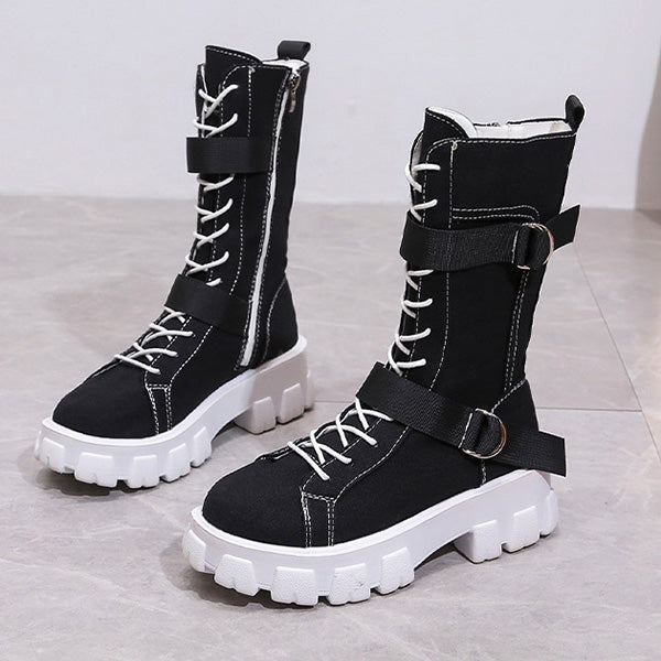 Canvas High-Top Platform Lace-Up Motorcycle Boots