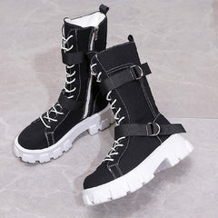 Canvas High-Top Platform Lace-Up Motorcycle Boots