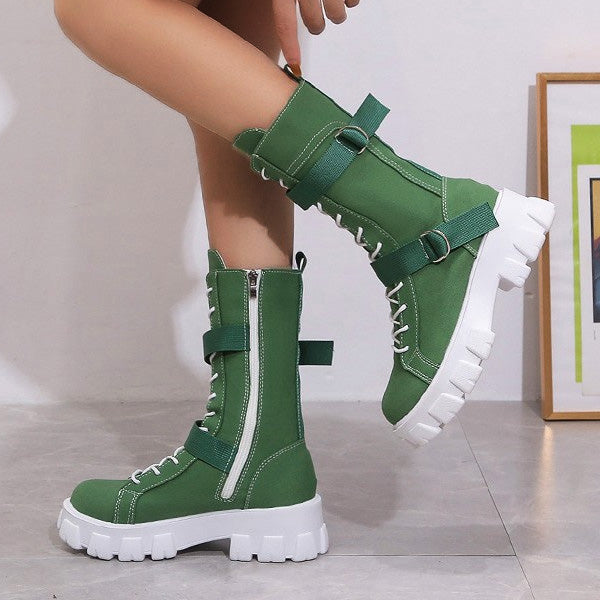 Canvas High-Top Platform Lace-Up Motorcycle Boots