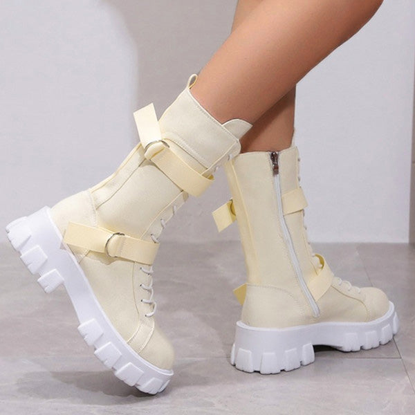 Canvas High-Top Platform Lace-Up Motorcycle Boots