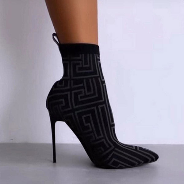 Geometric Slip-On Pointed Toe Stiletto Heel Cotton Boots