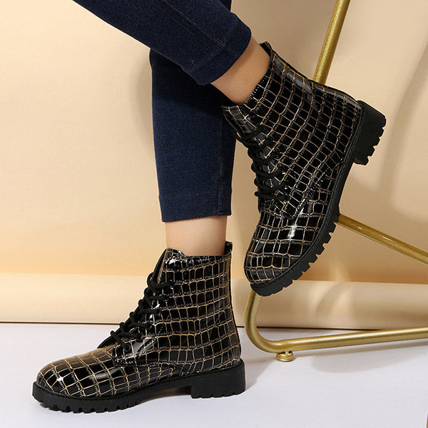 Grid Lace-Up Round Toe Thick Soled Martin Boots