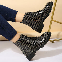 Grid Lace-Up Round Toe Thick Soled Martin Boots